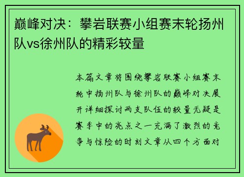 巅峰对决：攀岩联赛小组赛末轮扬州队vs徐州队的精彩较量